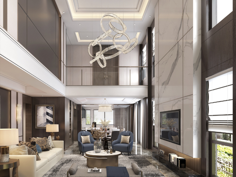  现代别墅大堂餐厅3d模型 