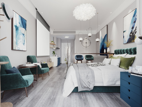  现代公寓卧室客餐厅厨房3d模型 