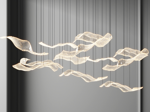  现代艺术金属线条波浪吊灯3d模型下载 纤维悬挂装饰灯 大堂客厅简约吊灯设计 