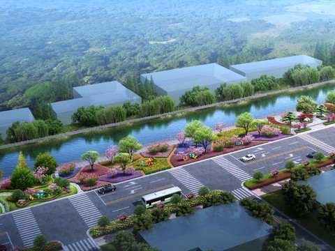  河道广场花卉鸟瞰psd 