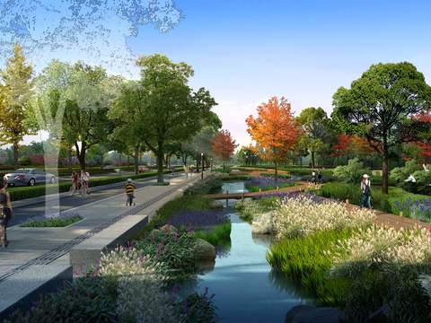  现代道路桥梁小溪花卉psd 