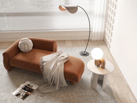  现代客厅贵妃椅3d模型下载 橙色沙发家居设计 室内装饰休息区毯子布置 