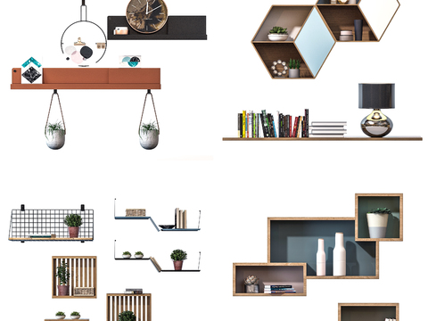  现代实木壁柜装饰组合3d模型下载 家居美学设计 墙面收纳镜面空间 