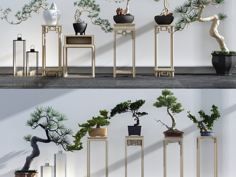  新中式实木花架盆栽组合3d模型 