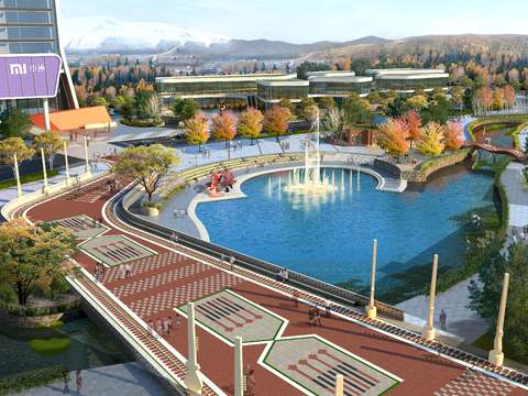  现代商业街水上喷泉景观psd 