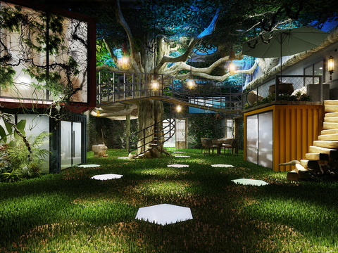 自然风民宿会所中庭3d模型
