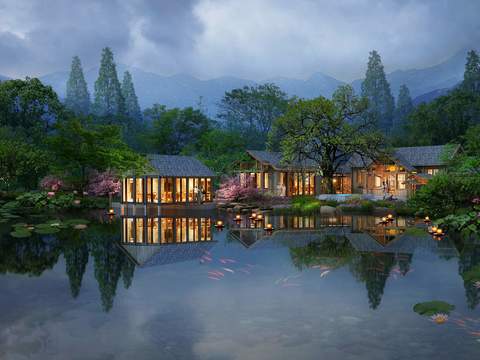  中式湿地园林景观psd 