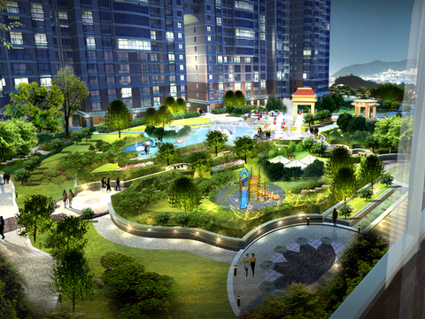  现代小区中庭外观夜景psd 