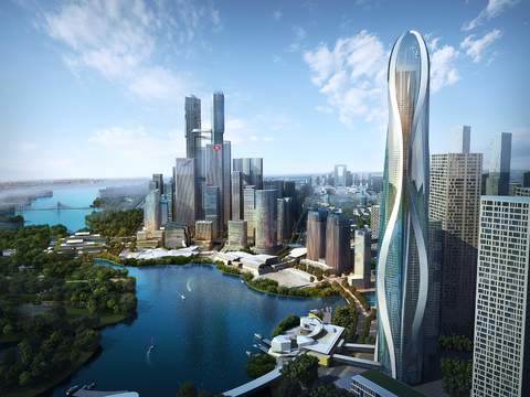  现代海边办公楼外观鸟瞰psd 