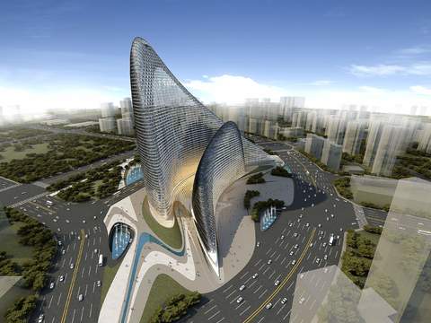  现代异形办公楼外观鸟瞰psd 