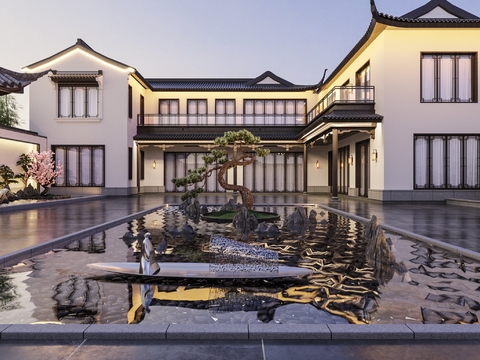  新中式别墅庭院3d模型 