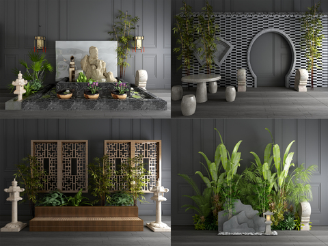  新中式盆栽假山园艺小品3d模型 