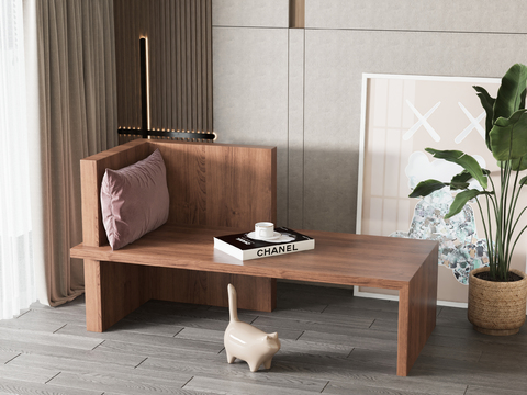  现代木质贵妃椅3d模型下载 粉色靠垫优雅长凳 简约家居休息区场景 