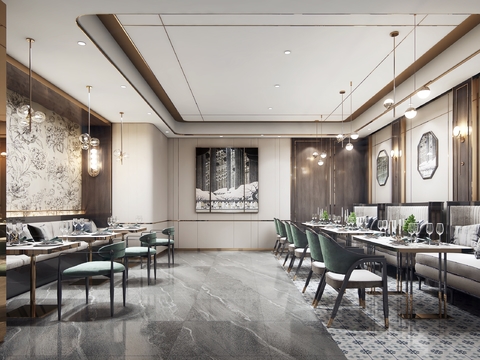  新中式轻奢西餐厅3d模型 