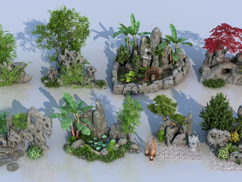  中式假山园林景观3d模型 