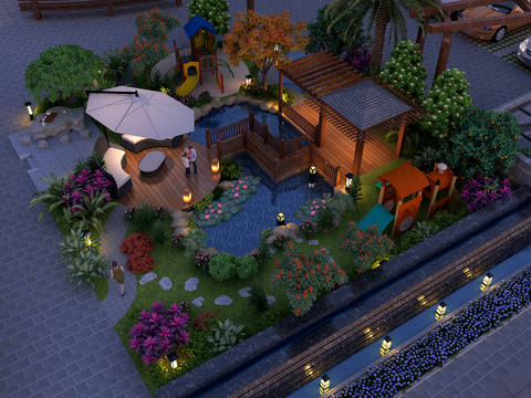  新中式小区园林夜景3d模型 