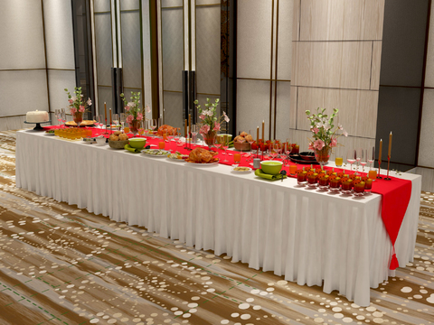  现代酒店西餐厅长桌食物3d模型 