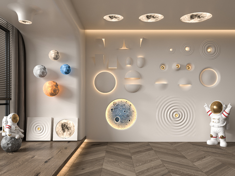  现代太空风格装饰3d模型下载 LED月球壁灯 波纹灯 创意宇航员行星家居灯 