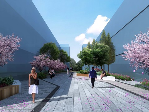  现代庭院桃花树公园景观psd 