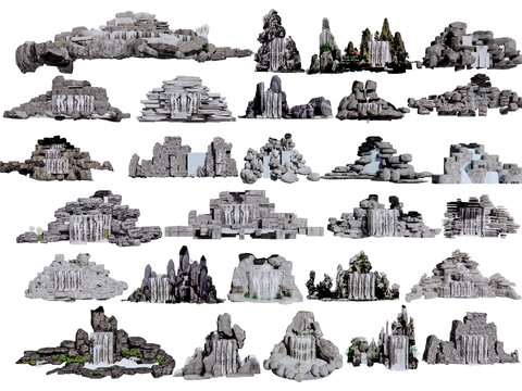  中式假山 跌水水景 景观石3d模型 