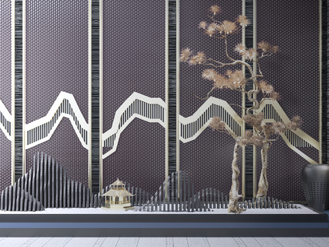  新中式屏风树木园艺小品3d模型 