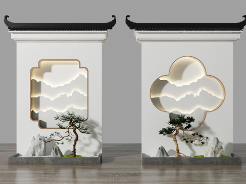  中式假山松树马头墙园艺小品3d模型 