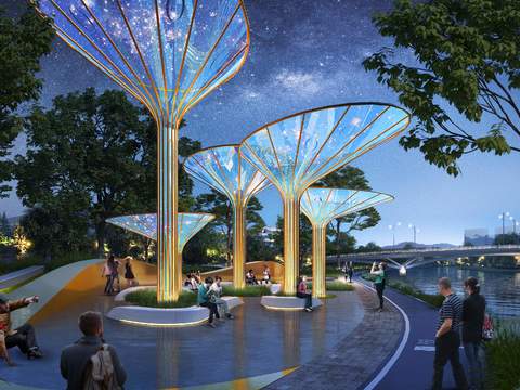  现代公园园林夜景景观psd 