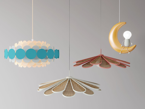  现代简约圆形月牙花朵吊灯3d模型下载 儿童房装饰灯具 创意艺术照明设计 