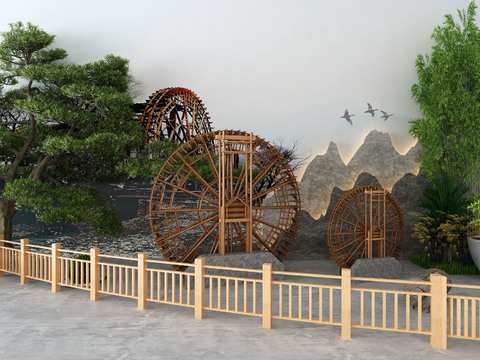  新中式水车假山绿植景观小品3d模型 