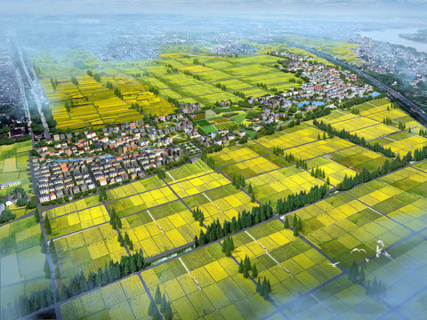  新中式农村住宅楼外观鸟瞰psd 