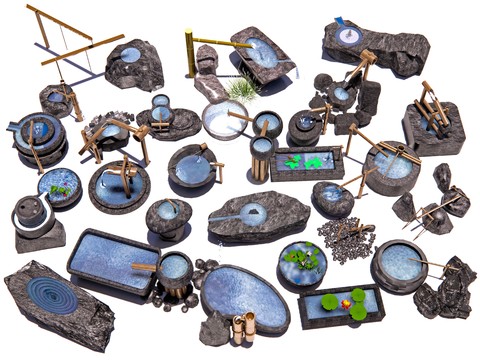  新中式流水 黑山石水钵 石磨3d模型 