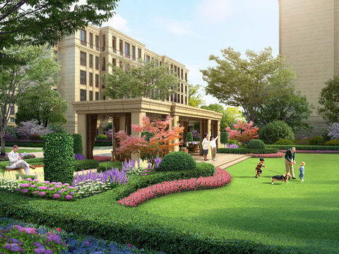  欧式别墅庭院花园景观psd 