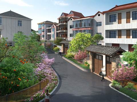  新中式庭院花园景观psd 