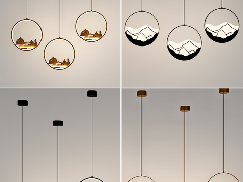  新中式山水吊灯3d模型下载 现代简约圆形灯罩 自然景观创意装饰灯 