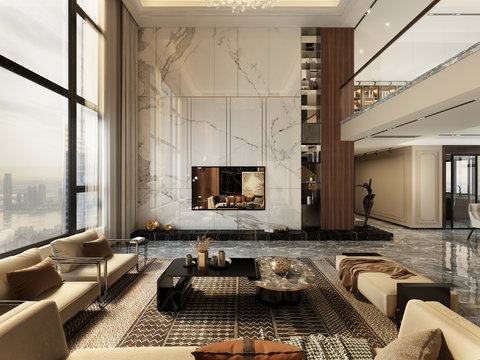  现代轻奢别墅客厅餐厅3d模型 