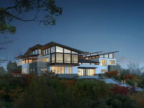  新中式独栋别墅园林景观psd 