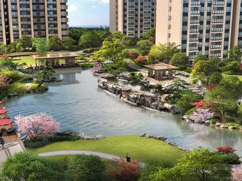  现代小区公园湖边景观psd 