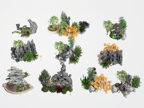  中式假山 造景山 景观池 假石小品3d模型 