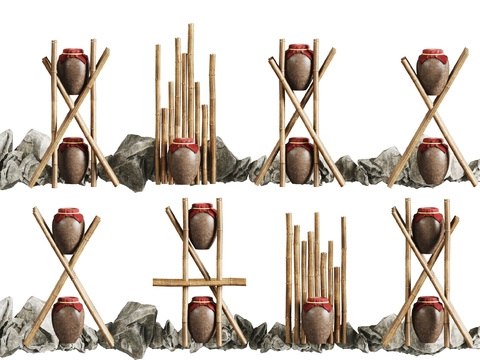  酒坛小品 竹竿造景3d模型 