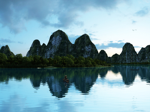  现代湖面山水景观3d模型 