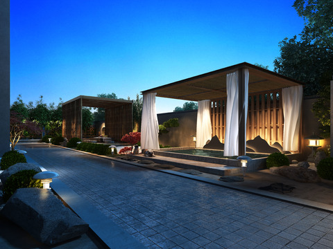  新中式庭院花园夜景3d模型 