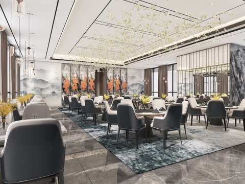  新中式西餐厅3d模型 