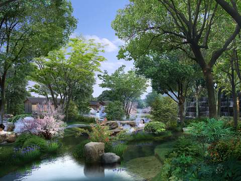  新中式湿地园林景观psd 