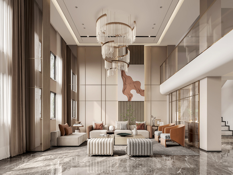  现代轻奢别墅客厅3d模型 