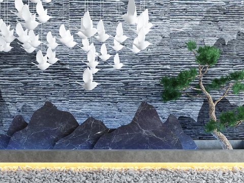  新中式假山松树园艺小品3d模型 