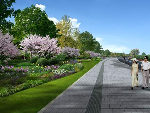  现代桃花树道路桥梁psd 