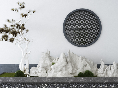  新中式假山松树景观小品3d模型 