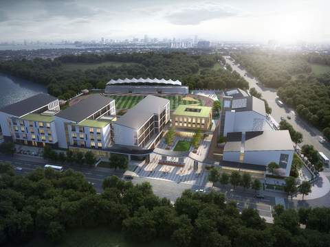  新中式建筑外观鸟瞰景观psd 