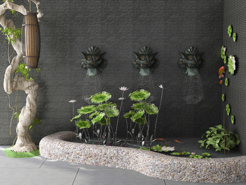  新中式荷花水景景观小品3d模型 