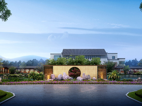  中式会所外观psd 